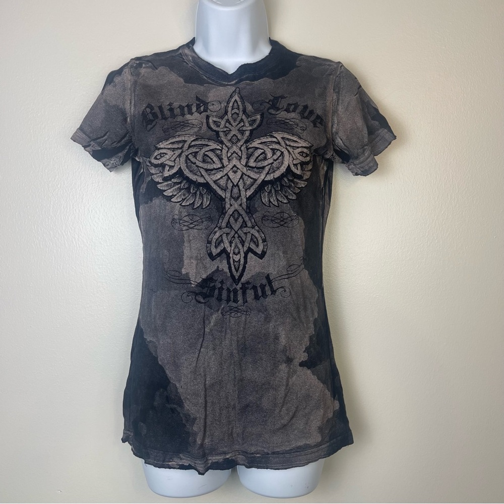 Vintage Affliction Sinful t-shirt in grey and black tie-dye with graphic print
